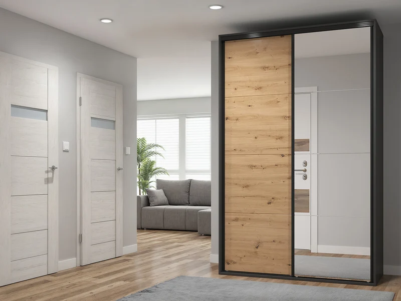 Flex Sliding Door Wardrobe 150 cm with Mirror – Graphite & Artisan Oak