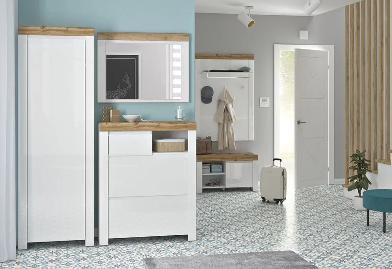 Holten — Tall Hallway Storage Cabinet with Door | White & Wotan Oak