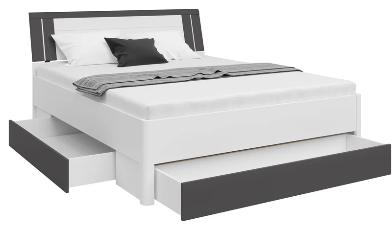 Saturn Bed 160×200 cm – White & Graphite, 3 Drawers, Under-Bed Storage (Mattress Not Included)