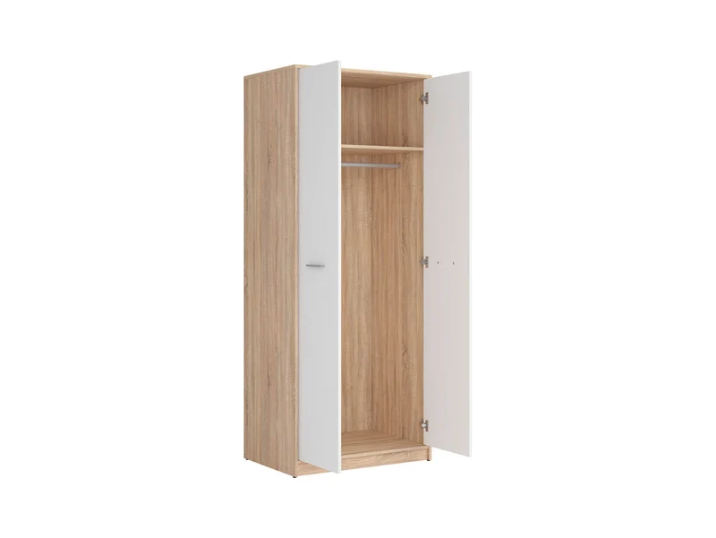Nepo Plus 2-Door Wardrobe 80 cm – Sonoma Oak & White | Hanging Rail & Upper Shelf | Hallway, Kids & Youth Room | Scratch-Resistant
