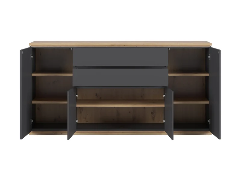 Yamael Wide Sideboard 184 cm – Graphite Matt & Artisan Oak | 4 Push-to-Open Flap Doors & 2 Drawers | Soft-Close | Loft Style