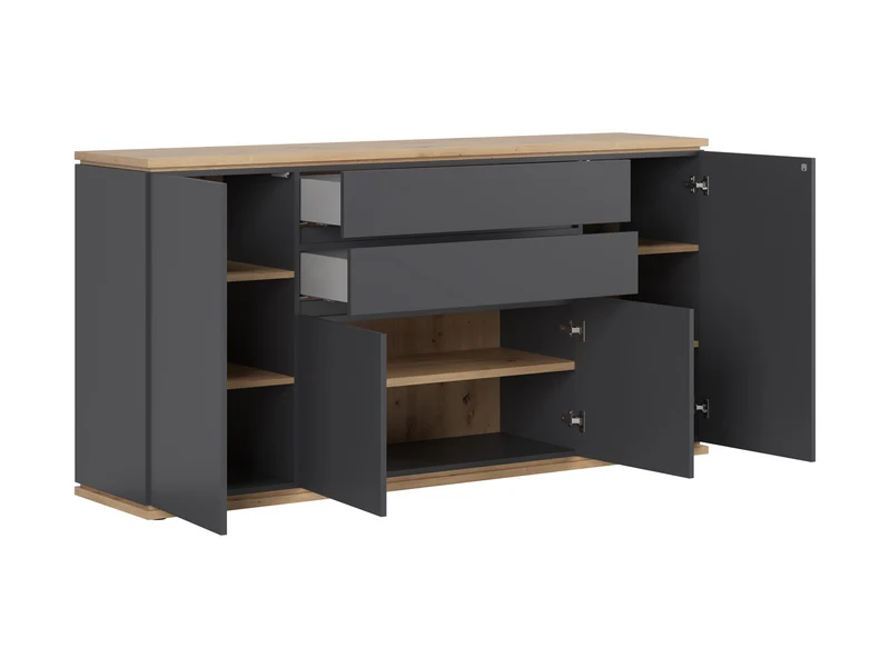 Yamael Wide Sideboard 184 cm – Graphite Matt & Artisan Oak | 4 Push-to-Open Flap Doors & 2 Drawers | Soft-Close | Loft Style