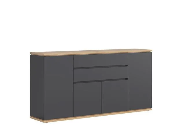 Yamael Wide Sideboard 184 cm – Graphite Matt & Artisan Oak | 4 Push-to-Open Flap Doors & 2 Drawers | Soft-Close | Loft Style