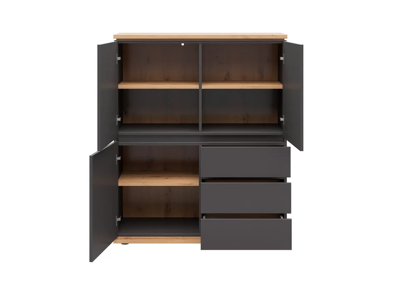 Yamael Tall Sideboard 100 cm – Graphite Matt & Artisan Oak | 3 Push-to-Open Flap Doors & 3 Drawers | Soft-Close | Loft Style