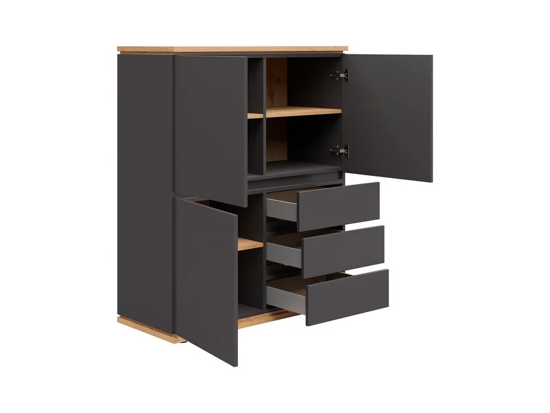 Yamael Tall Sideboard 100 cm – Graphite Matt & Artisan Oak | 3 Push-to-Open Flap Doors & 3 Drawers | Soft-Close | Loft Style