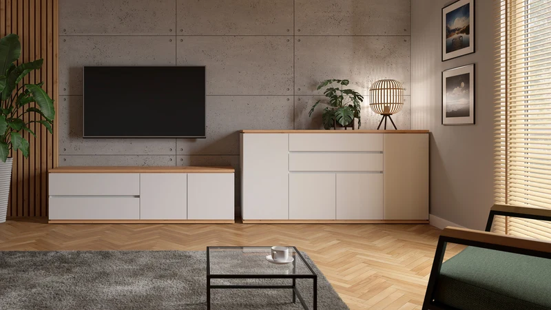 Yamael Wide Sideboard 184 cm – White Matt & Artisan Oak | 4 Push-to-Open Flap Doors & 2 Drawers | Soft-Close | Modern Style