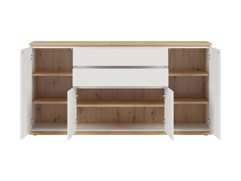 Yamael Wide Sideboard 184 cm – White Matt & Artisan Oak | 4 Push-to-Open Flap Doors & 2 Drawers | Soft-Close | Modern Style