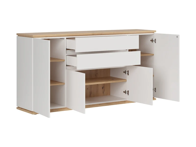 Yamael Wide Sideboard 184 cm – White Matt & Artisan Oak | 4 Push-to-Open Flap Doors & 2 Drawers | Soft-Close | Modern Style