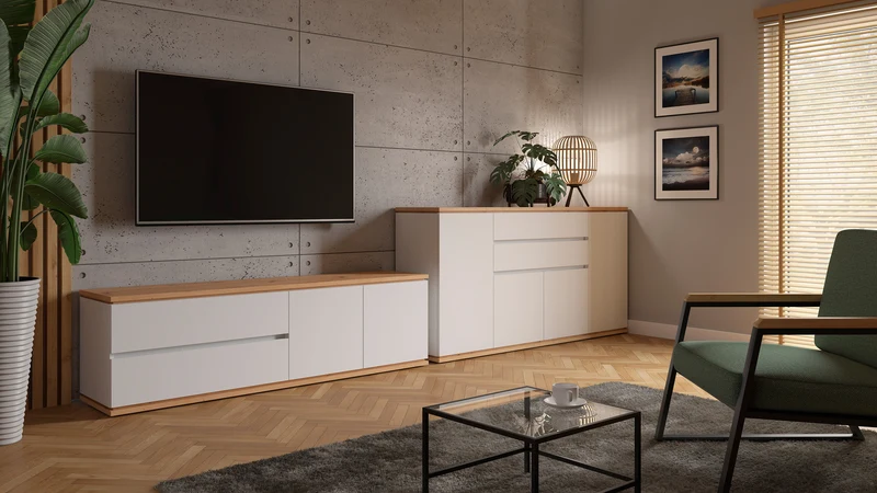 Yamael Wide Sideboard 184 cm – White Matt & Artisan Oak | 4 Push-to-Open Flap Doors & 2 Drawers | Soft-Close | Modern Style