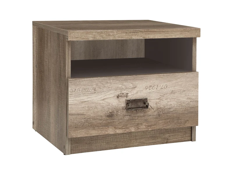 Malcolm Bedside Table – Monument Oak & Tungsten Grey, Letter Print, Antique Nickel Handle