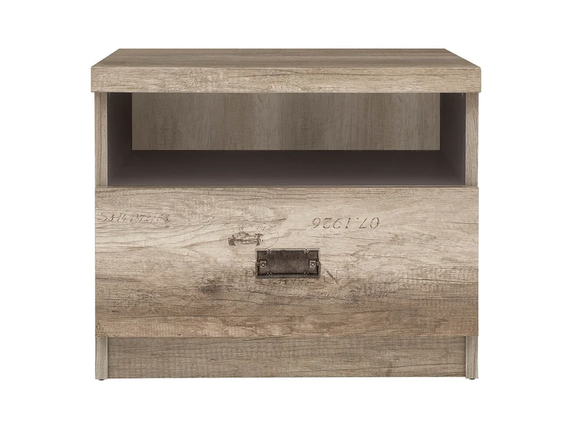 Malcolm Bedside Table – Monument Oak & Tungsten Grey, Letter Print, Antique Nickel Handle