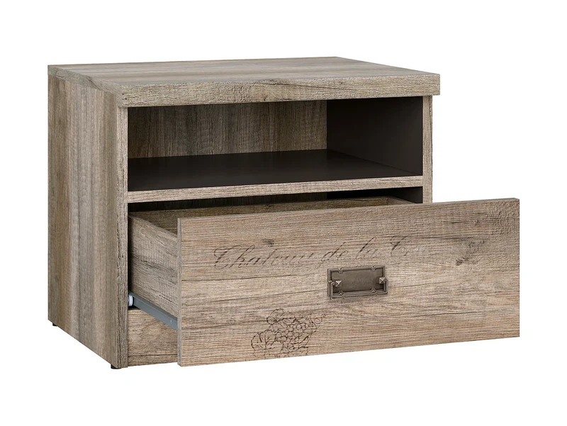 Malcolm Bedside Table – Monument Oak & Tungsten Grey, Letter Print, Antique Nickel Handle