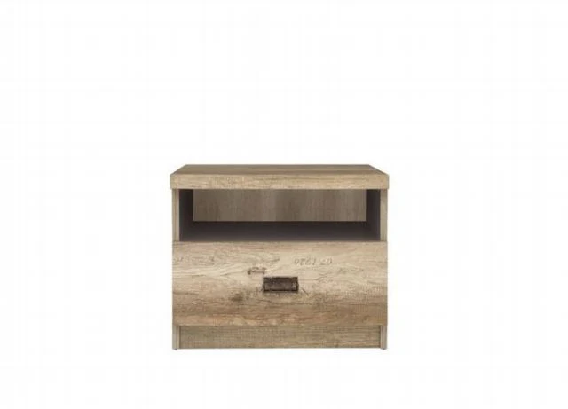 Malcolm Bedside Table – Monument Oak & Tungsten Grey, Letter Print, Antique Nickel Handle