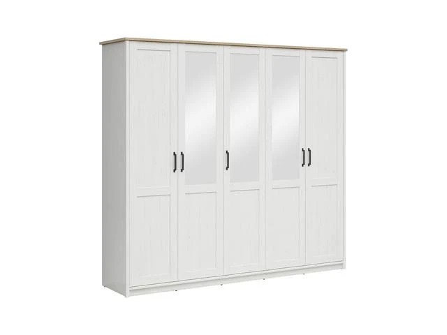 Loksa 5-Door Wardrobe 240.5 cm – Andersen Pine White & Grandson Oak, 3 Zones, 2 Rails