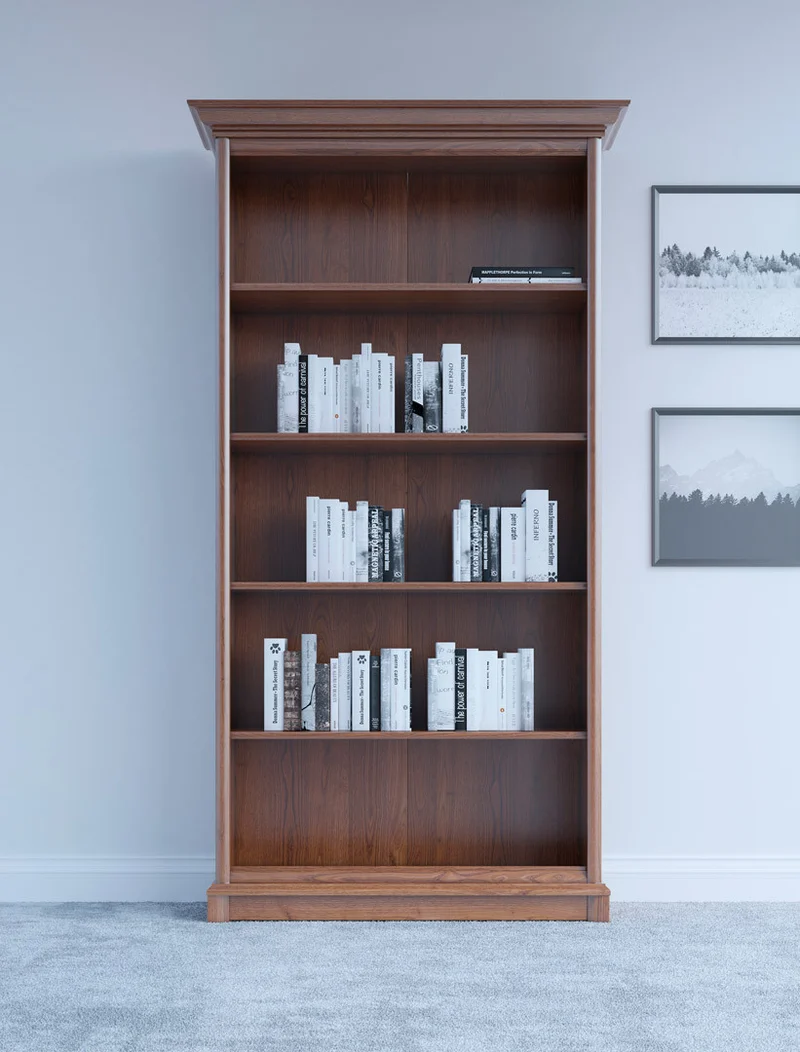 Kent Open Bookcase 110 cm – Chestnut, Carved Crown Detail, Modular System