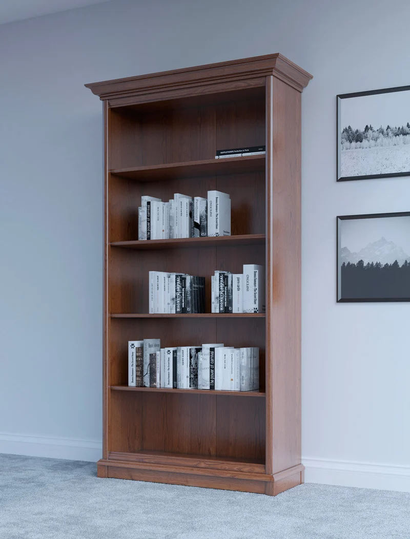 Kent Open Bookcase 110 cm – Chestnut, Carved Crown Detail, Modular System
