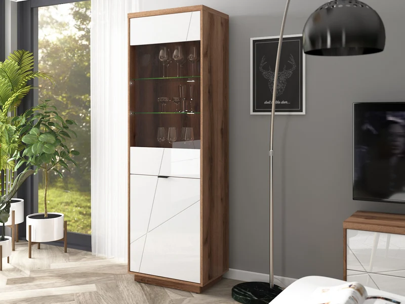 Forn Display Cabinet 64 cm – Dark Delano Oak & White Gloss, Glass Door, 6 Zones, Soft-Close
