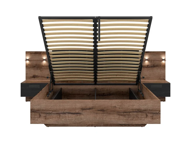 Kassel BRW — Double Bed 160 × 200 cm | Storage, LED & USB | Integrated Bedside Tables | Monastery Oak