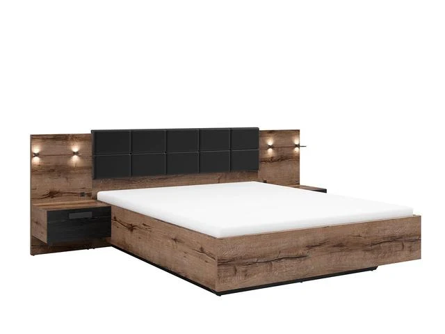 Kassel BRW — Double Bed 160 × 200 cm | Storage, LED & USB | Integrated Bedside Tables | Monastery Oak