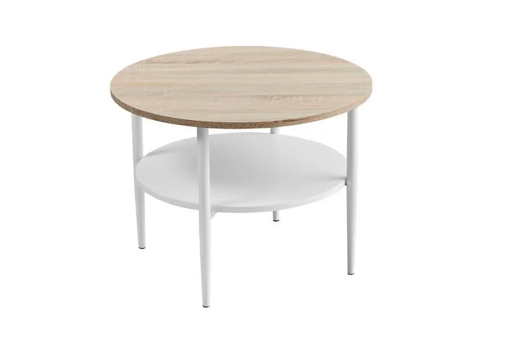 Revel Round Coffee Table | Sonoma Oak & White Powder-Coated Metal Frame | Lower Shelf | 60x45cm