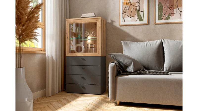 System 64 Display Cabinet | 2 Glass-Panel Doors & Glass Shelf | Coast Evoke Oak | 64x64x35cm