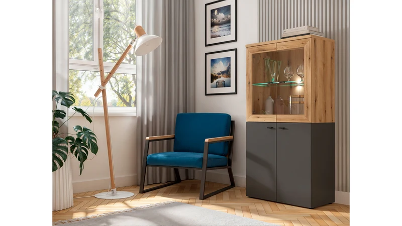 System 64 Display Cabinet | 2 Glass-Panel Doors & Glass Shelf | Coast Evoke Oak | 64x64x35cm
