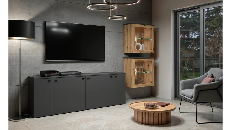 System 64 Display Cabinet | 2 Glass-Panel Doors & Glass Shelf | Coast Evoke Oak | 64x64x35cm