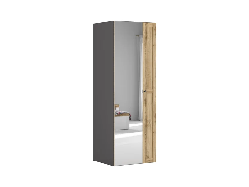 Flex Wardrobe 75cm | Graphite & Wotan Oak Mirror Fronts | Hanging Rail, Shelves & 3 Drawers | 75x218cm