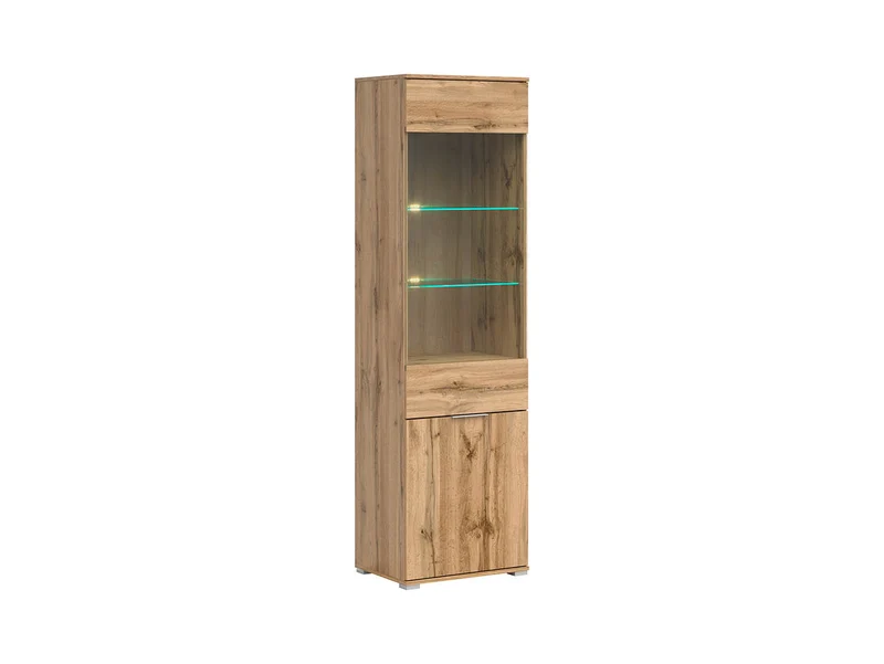 Zele Tall Display Cabinet | Glazed Top, Push-to-Open & Enclosed Base | Wotan Oak & White Gloss | 56x195cm