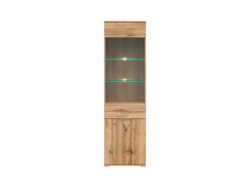 Zele Tall Display Cabinet | Glazed Top, Push-to-Open & Enclosed Base | Wotan Oak & White Gloss | 56x195cm