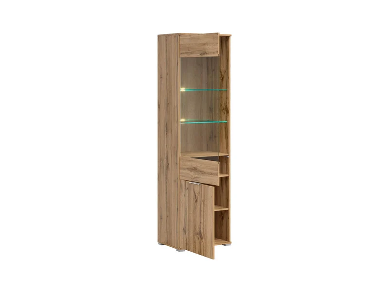 Zele Tall Display Cabinet | Glazed Top, Push-to-Open & Enclosed Base | Wotan Oak & White Gloss | 56x195cm
