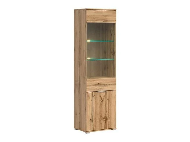Zele Tall Display Cabinet | Glazed Top, Push-to-Open & Enclosed Base | Wotan Oak & White Gloss | 56x195cm