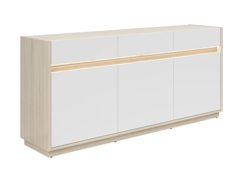 Kim Wide Sideboard 173.5 cm – Light Riva Oak & White | 3 Doors & 2 Drawers | LED-Lit Routed Detail | 173.5×81×42 cm