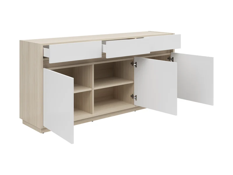 Kim Wide Sideboard 173.5 cm – Light Riva Oak & White | 3 Doors & 2 Drawers | LED-Lit Routed Detail | 173.5×81×42 cm