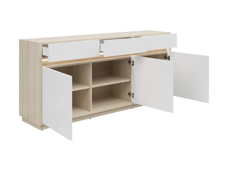 Kim Wide Sideboard 173.5 cm – Light Riva Oak & White | 3 Doors & 2 Drawers | LED-Lit Routed Detail | 173.5×81×42 cm