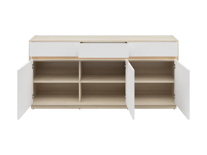 Kim Wide Sideboard 173.5 cm – Light Riva Oak & White | 3 Doors & 2 Drawers | LED-Lit Routed Detail | 173.5×81×42 cm