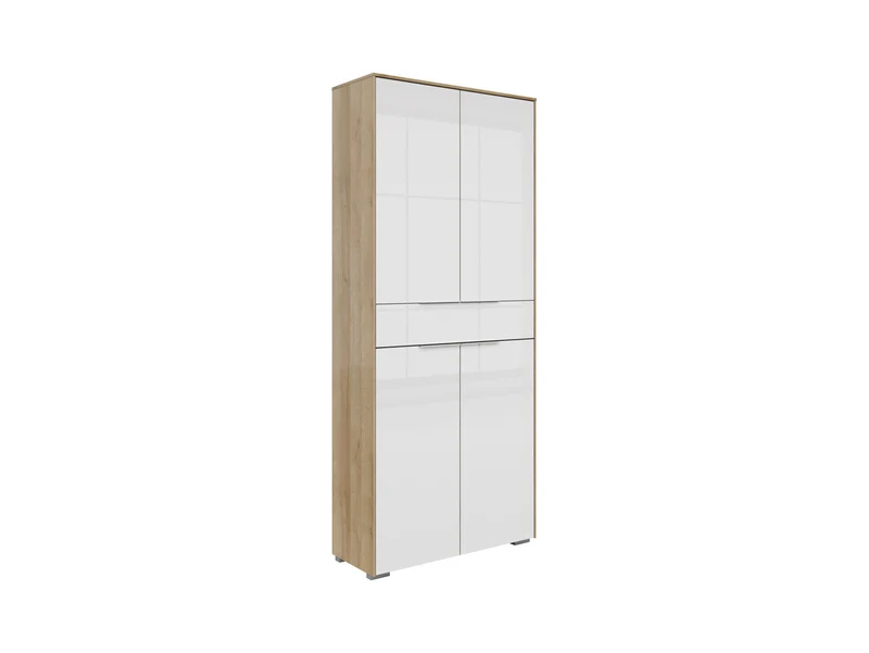 Nevada Office Bookcase – 4-Door Storage Unit with Drawer | Riviera Oak & White Glass