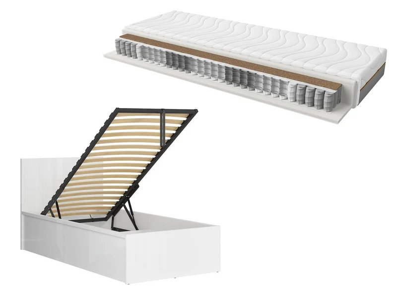 Tetrix Bed Set 90x200 cm – White Gloss Bed with Storage & Ceres AV Pocket Spring Mattress