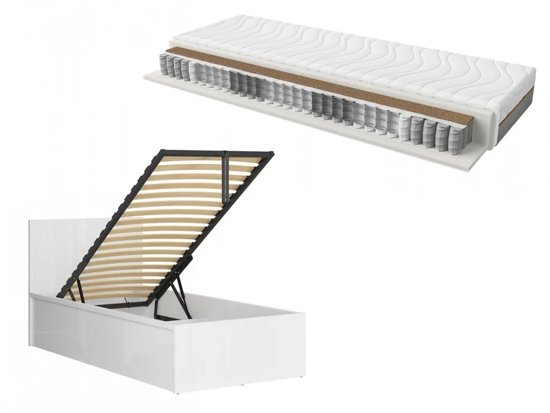 Tetrix Bed Set 90x200 cm – White Gloss Bed with Storage & Ceres AV Pocket Spring Mattress