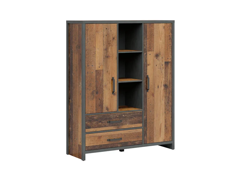 Weston Loft Bookcase 120 cm – Old Style Pine & Matera, 3 Open Bays, 2 Drawers, 2 Cupboards