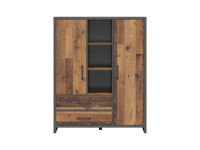Weston Loft Bookcase 120 cm – Old Style Pine & Matera, 3 Open Bays, 2 Drawers, 2 Cupboards