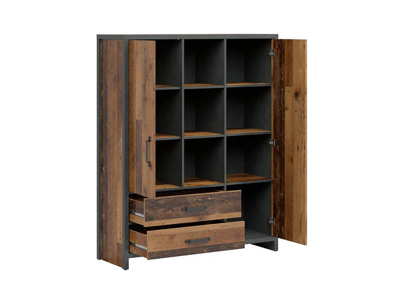 Weston Loft Bookcase 120 cm – Old Style Pine & Matera, 3 Open Bays, 2 Drawers, 2 Cupboards