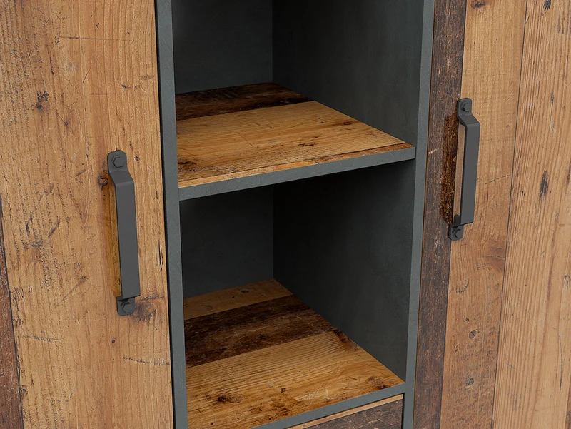 Weston Loft Bookcase 120 cm – Old Style Pine & Matera, 3 Open Bays, 2 Drawers, 2 Cupboards