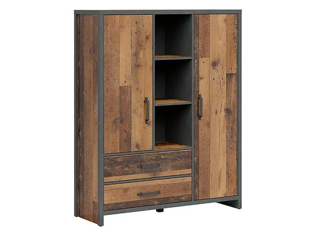 Weston Loft Bookcase 120 cm – Old Style Pine & Matera, 3 Open Bays, 2 Drawers, 2 Cupboards