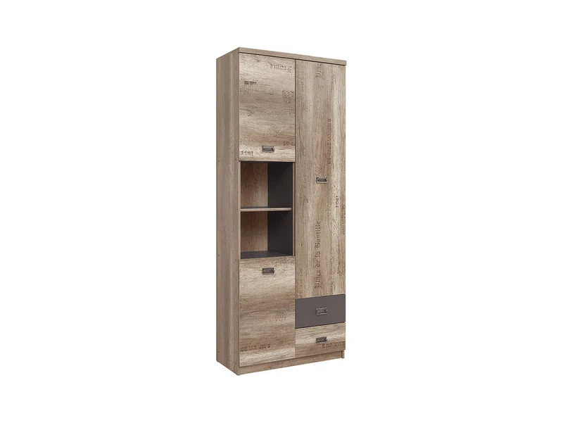 Malcolm Tall Storage Unit 80 cm – Monument Oak & Tungsten Grey, 3 Doors, 2 Drawers, Letter Print