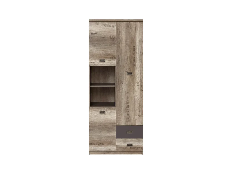 Malcolm Tall Storage Unit 80 cm – Monument Oak & Tungsten Grey, 3 Doors, 2 Drawers, Letter Print