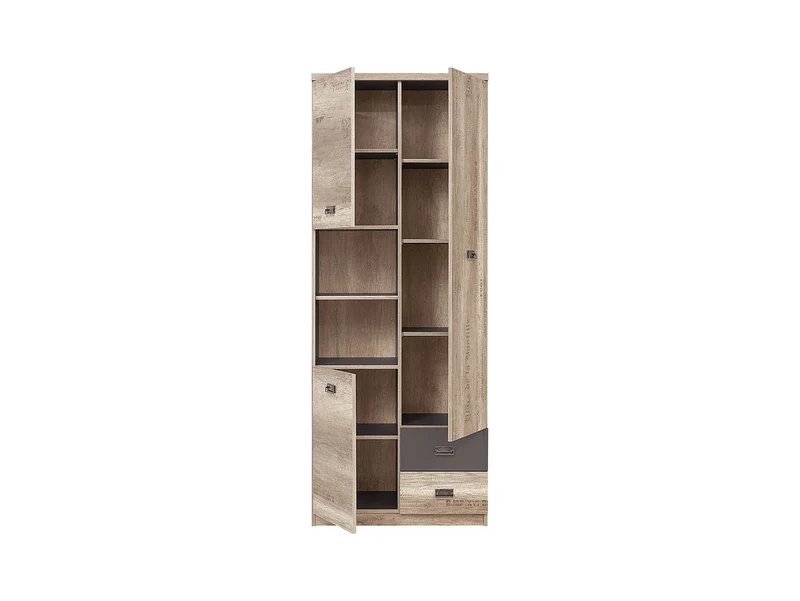 Malcolm Tall Storage Unit 80 cm – Monument Oak & Tungsten Grey, 3 Doors, 2 Drawers, Letter Print