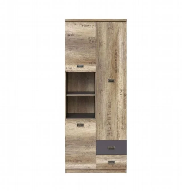 Malcolm Tall Storage Unit 80 cm – Monument Oak & Tungsten Grey, 3 Doors, 2 Drawers, Letter Print