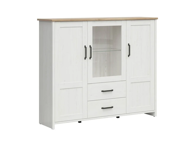 Loksa Display Cabinet 160 cm – Andersen Pine White & Grandson Oak, 2 Drawers, LED Lighting