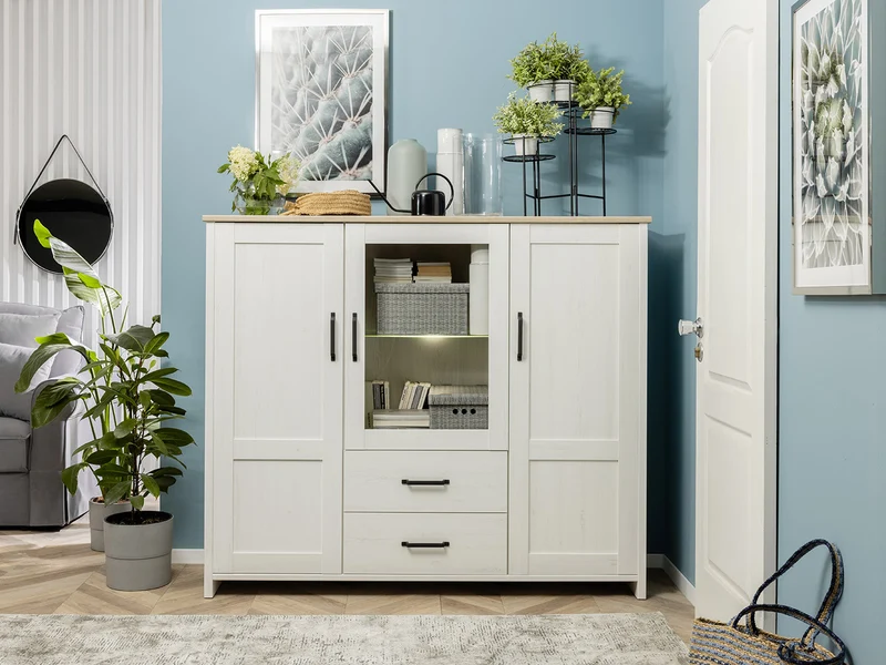 Loksa Display Cabinet 160 cm – Andersen Pine White & Grandson Oak, 2 Drawers, LED Lighting